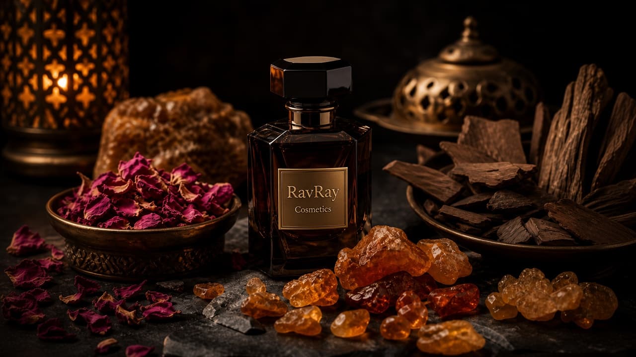 RavRay Cosmetics bottle among oud, rose, and amber