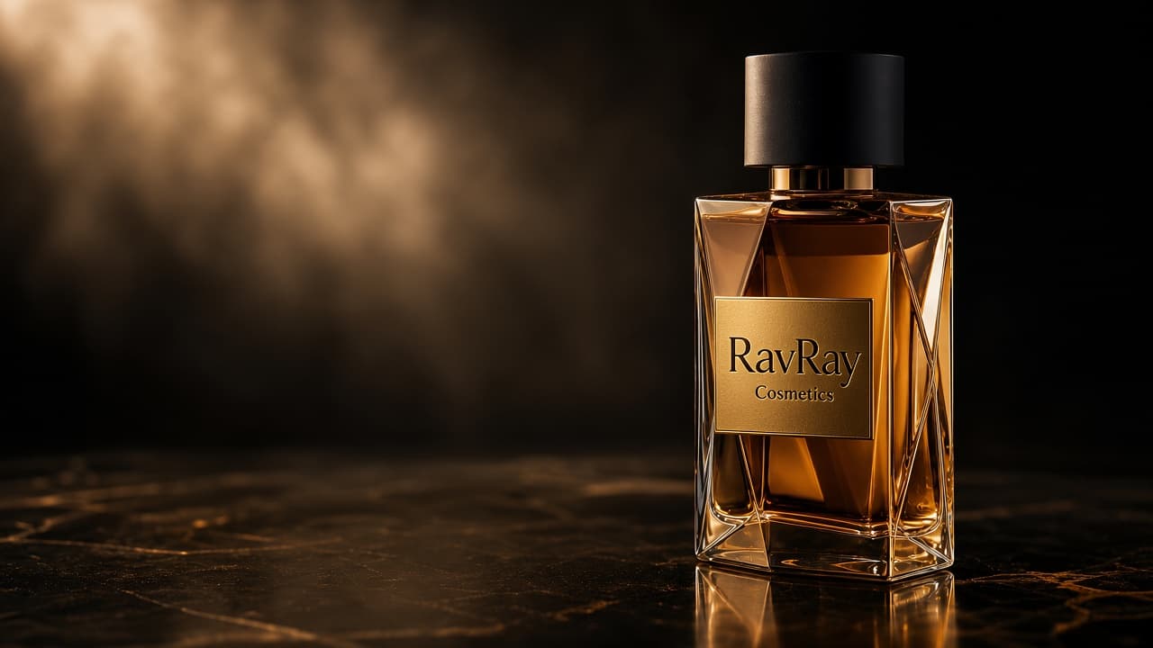 RavRay Cosmetics faceted crystal fragrance bottle on dark marble