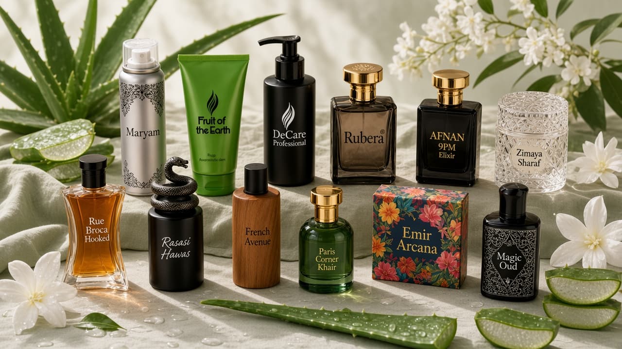 Portfolio still life — botanical spa setting with one product from each house